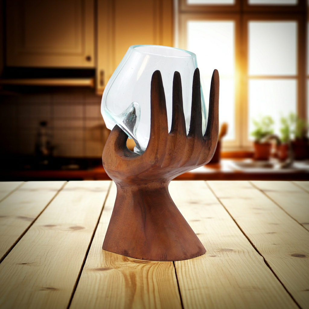 Carved Hand with Molten Glass Bowl