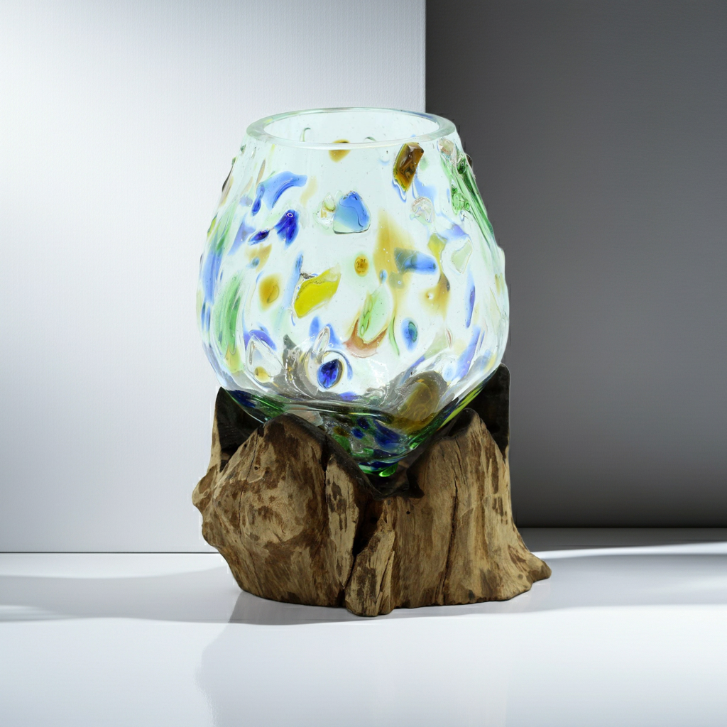 Molten Coloured Glass on Wood - Medium Bowl