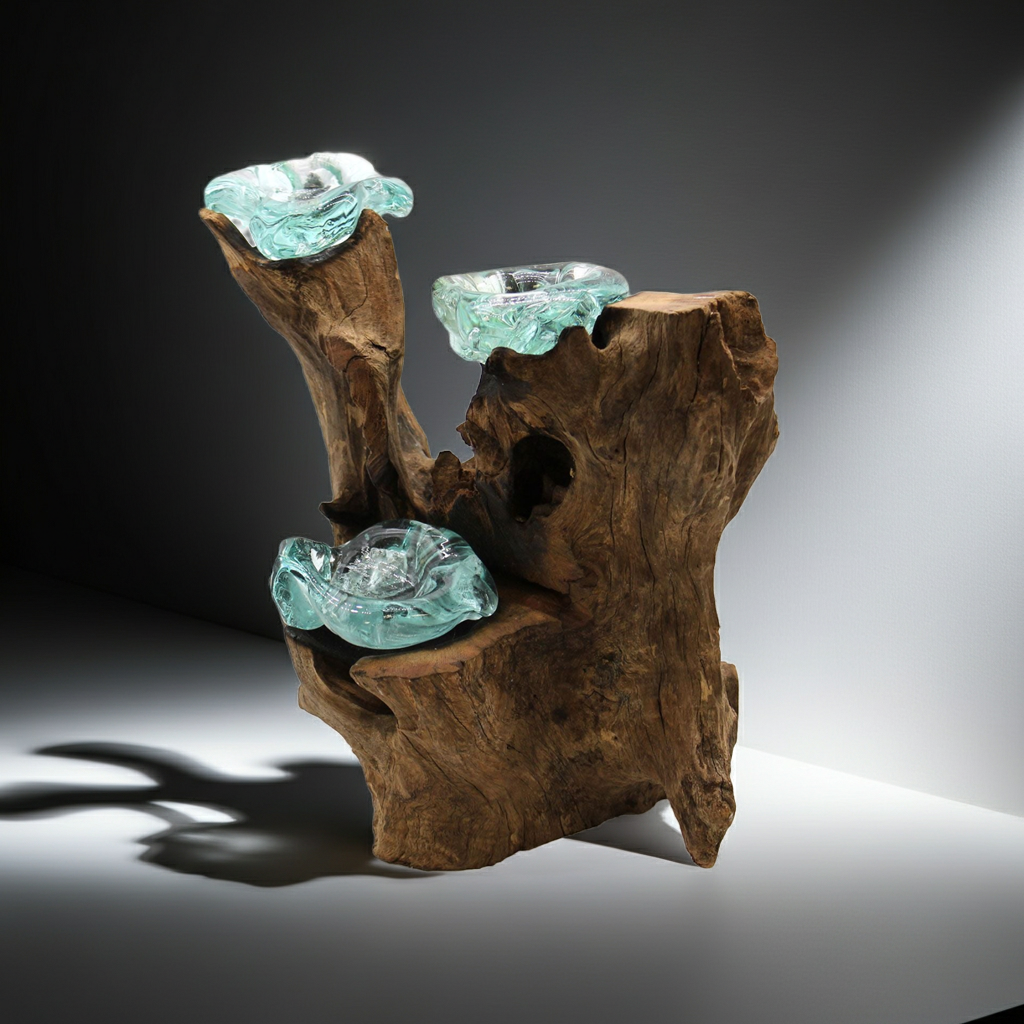 Molton Glass Triple Candle Holder on Wood