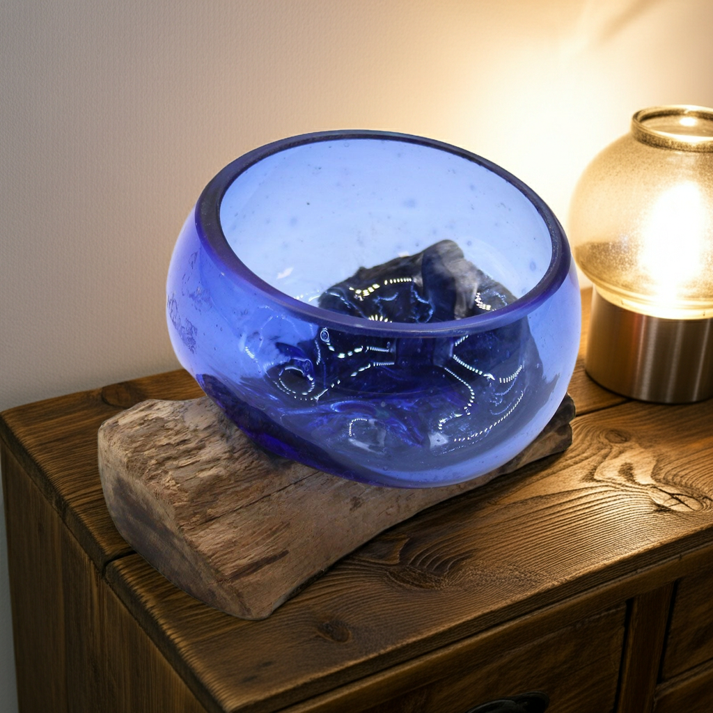 Molton Glass Mini Blue Bowl on Wood