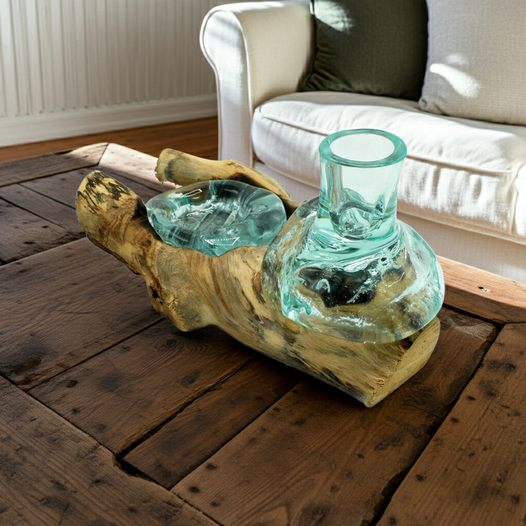 Molten Glass Small Flower Vase and Tealight Holder on Wood