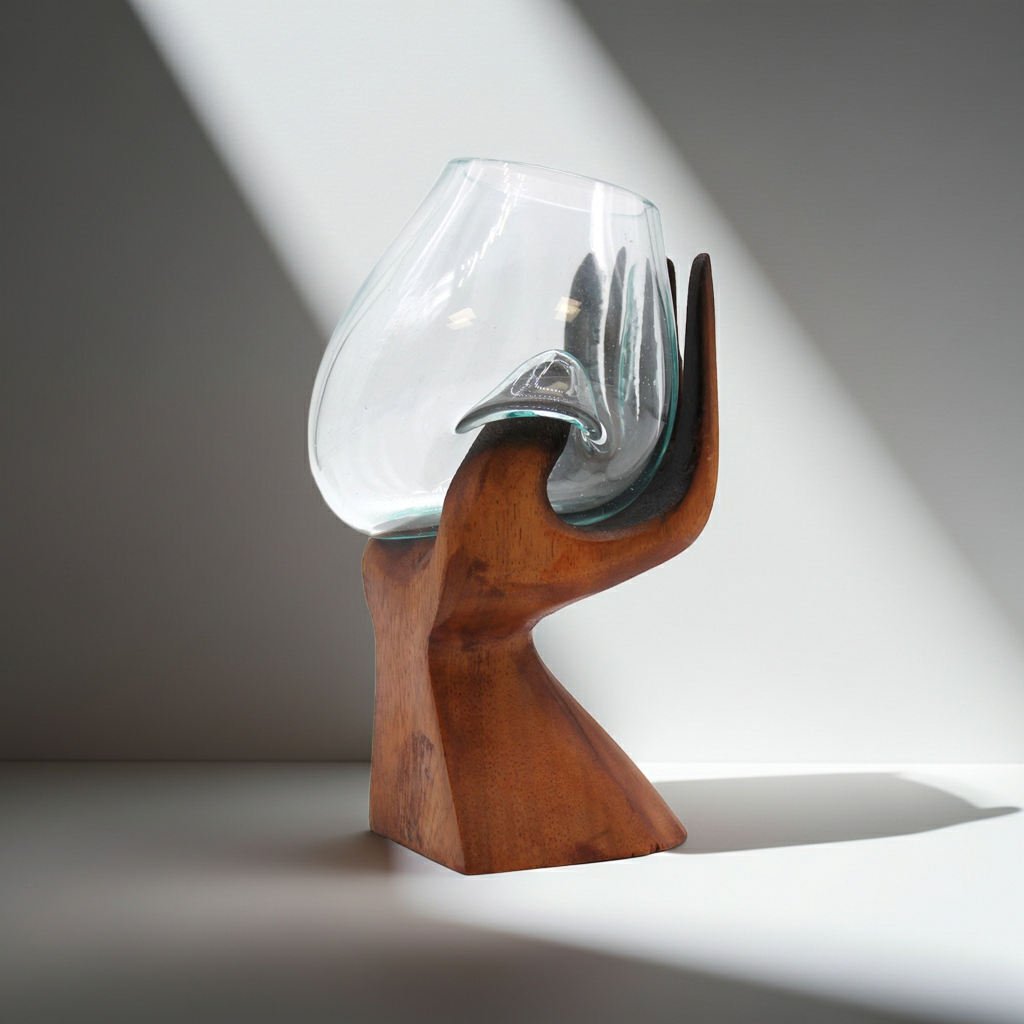 Carved Hand with Molten Glass Bowl