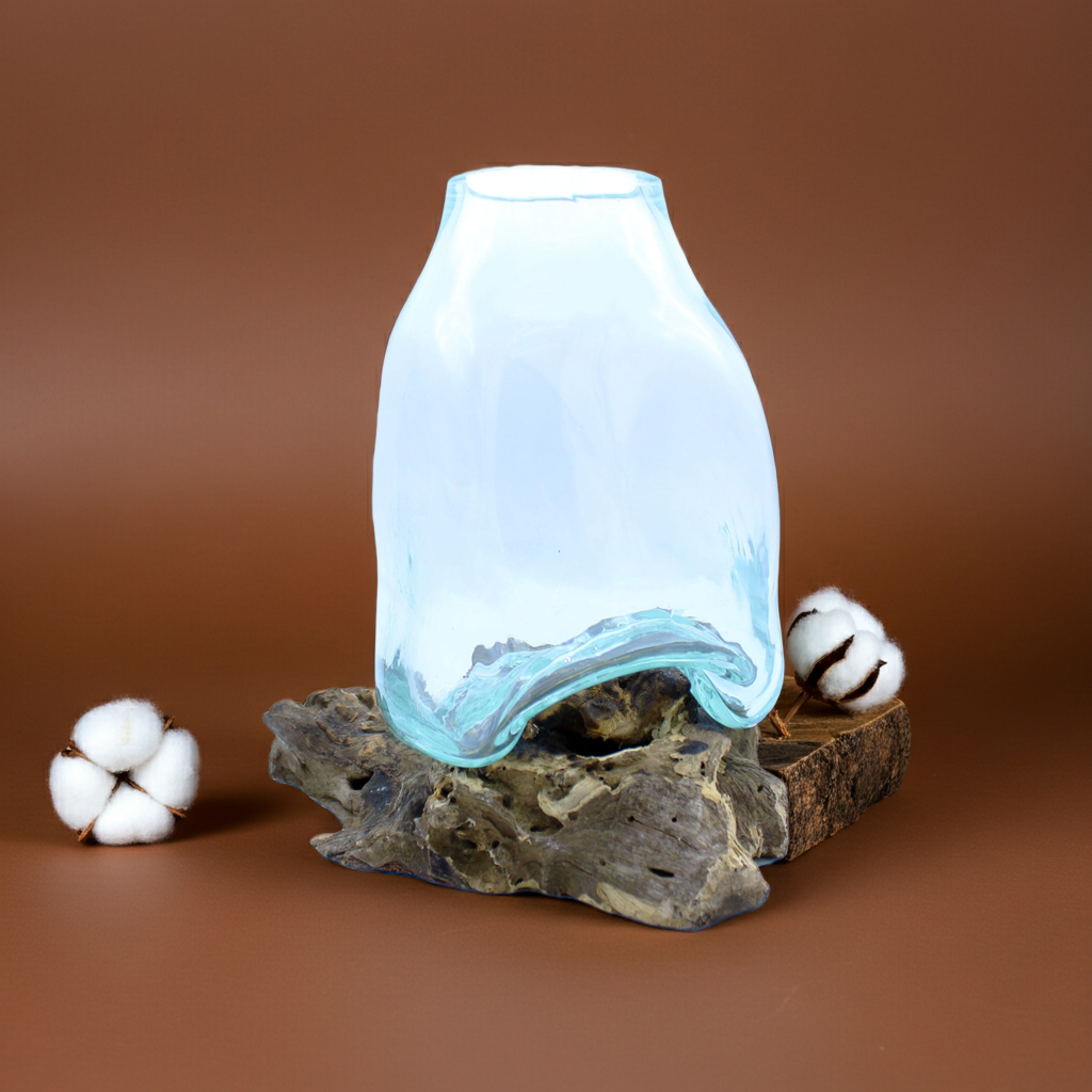 Large Molten Glass Vase - Terrarium Jar on Wood