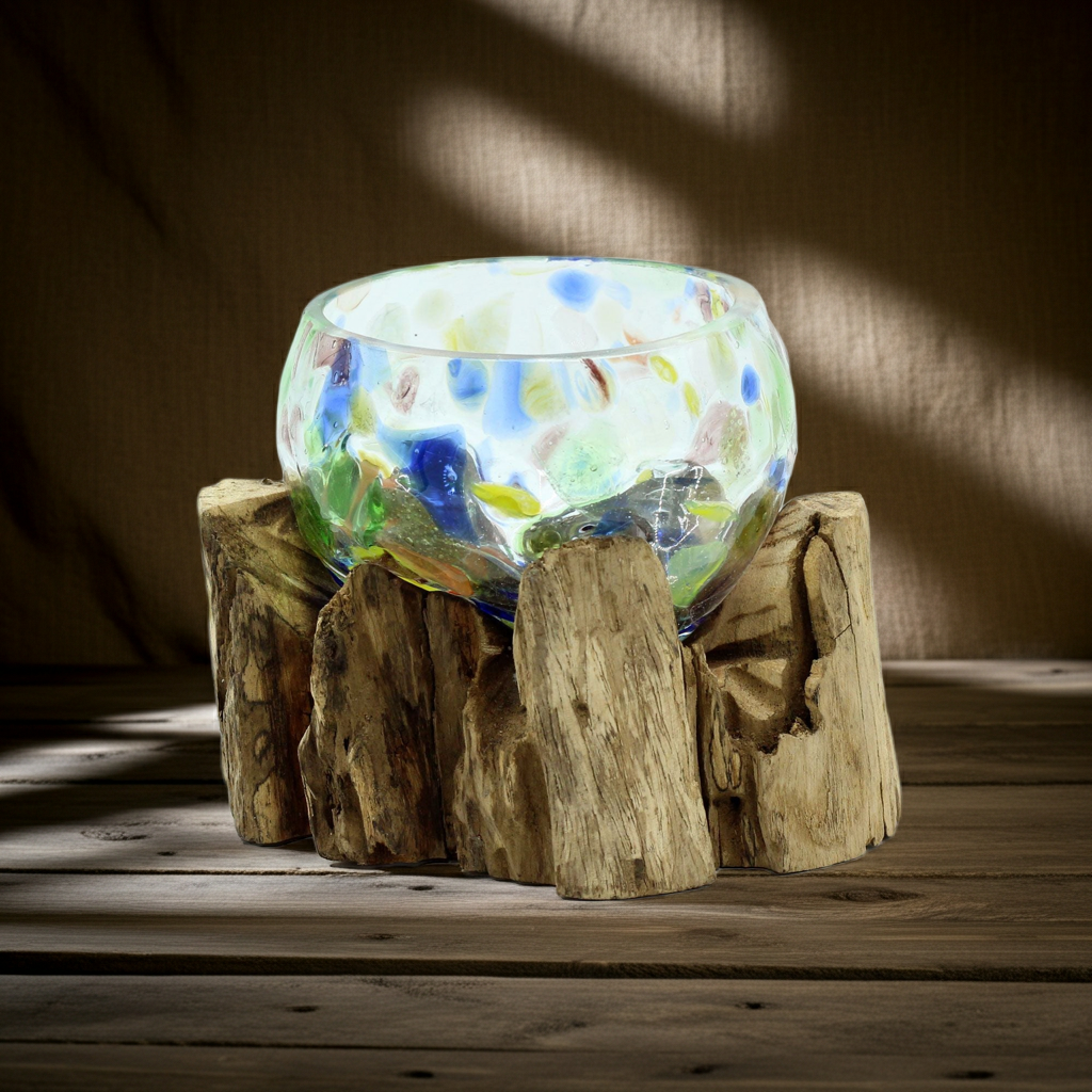 Molten Coloured Glass on Wood - Small Bowl