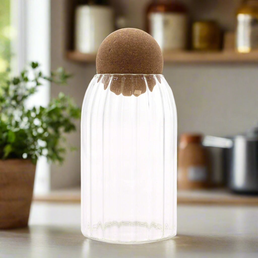 Cottage Cork-Ball Glass Jar -  Ribbed - 15cm