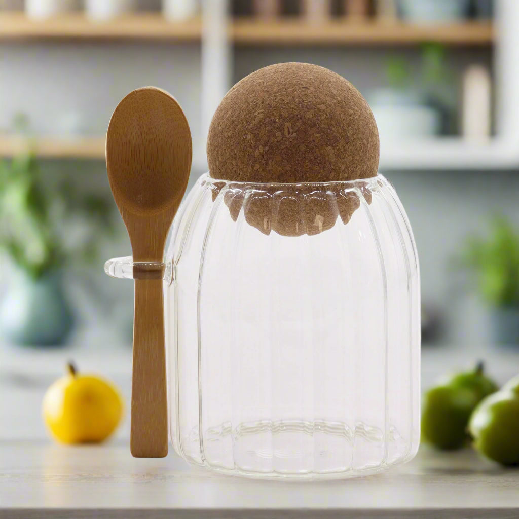 Sm Cottage Bamboo Glass Jar -  Ribbed & Spoon 10cm