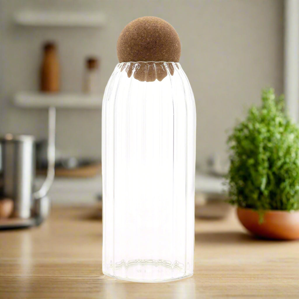Cottage Cork-Ball Glass Jar -  Ribbed - 20cm