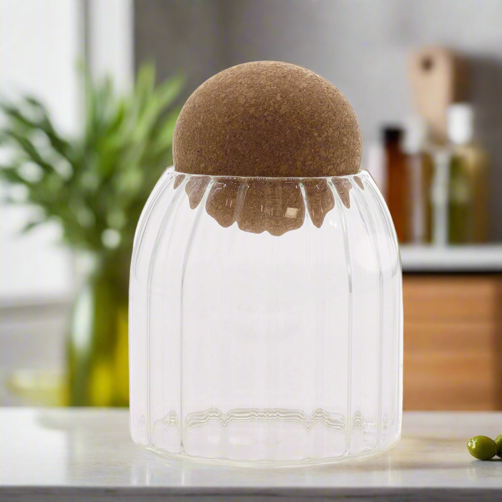 Cottage Cork-Ball Glass Jar -  Ribbed - 10cm