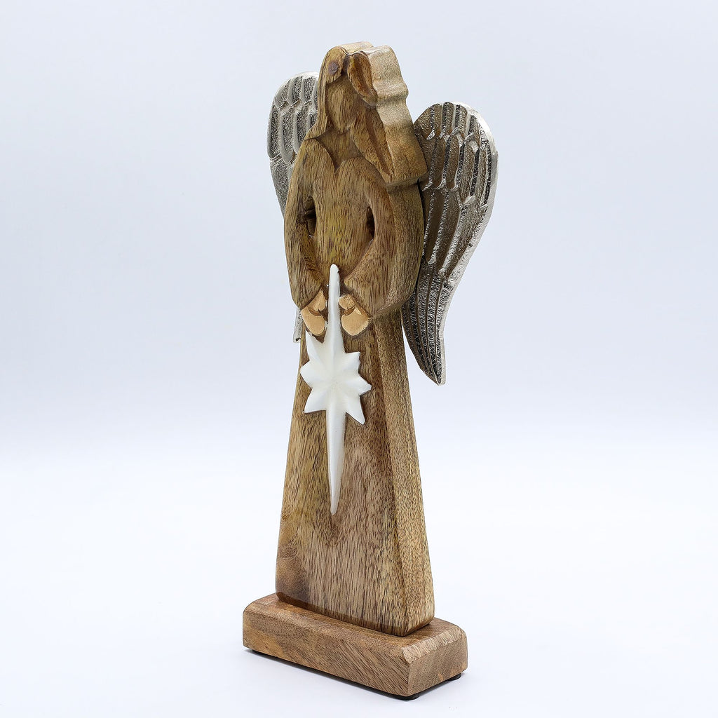 Large Mango Wood Peace Angel Metal Wings & Enamel Detail