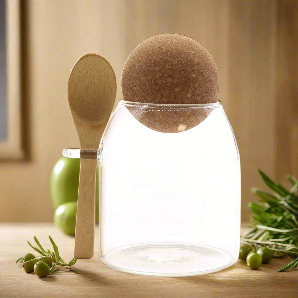 Cottage Cork-Ball Glass Jar - Clear & Spoon - 10cm