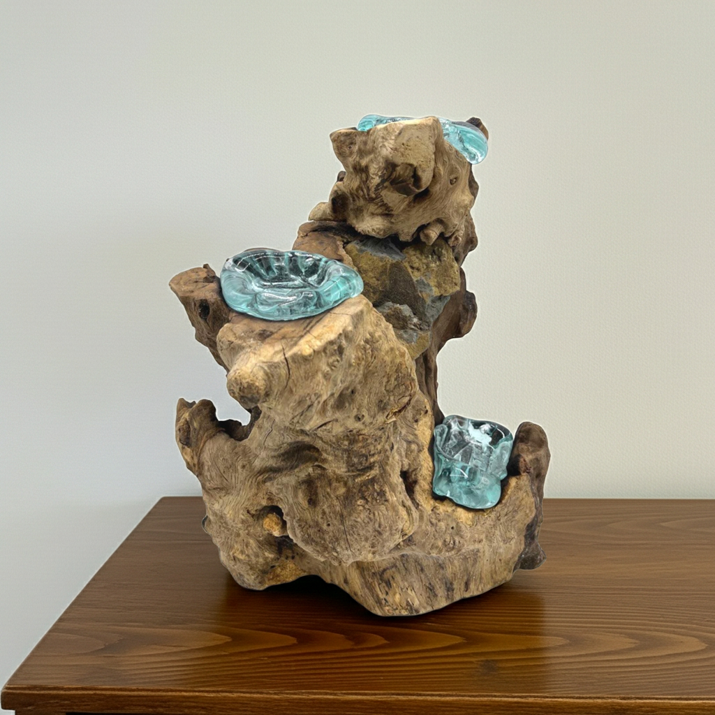 Molton Glass Triple Candle Holder on Wood