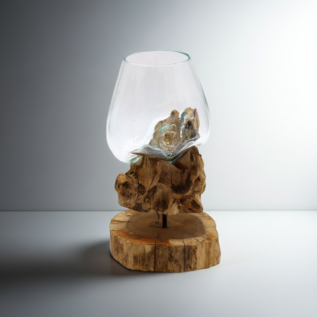 Molten Glass on Wood with Stand - Large Bowl