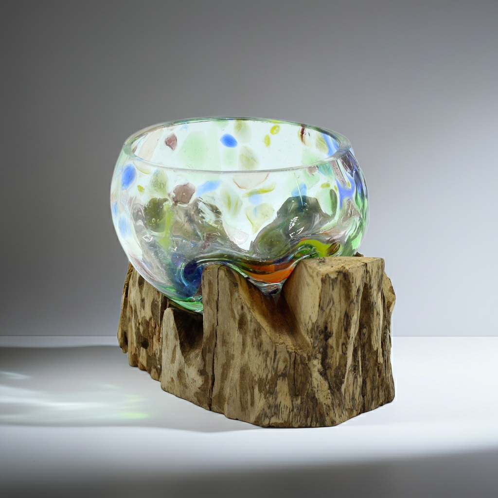 Molten Coloured Glass on Wood - Small Bowl