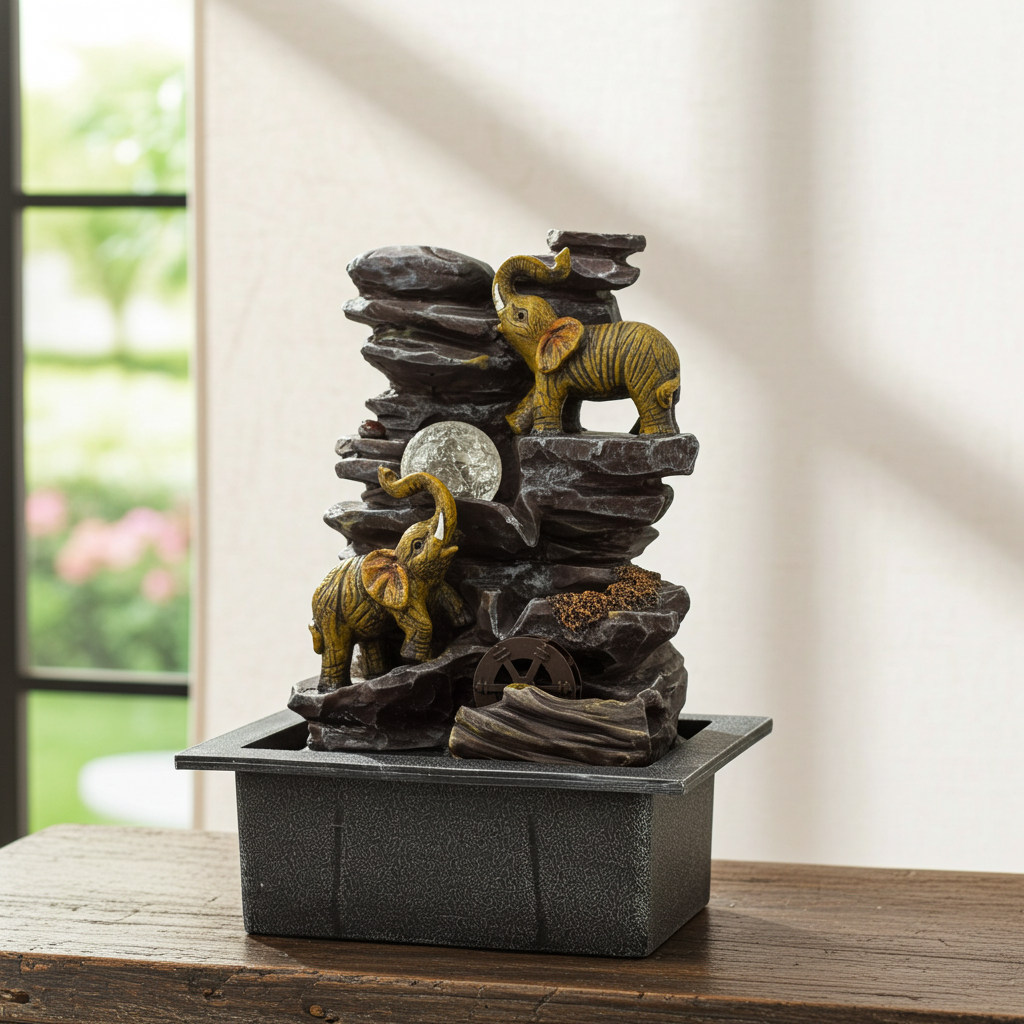 Tabletop Water Feature - 35cm - Elephants, Crystal Ball & Water Wheel
