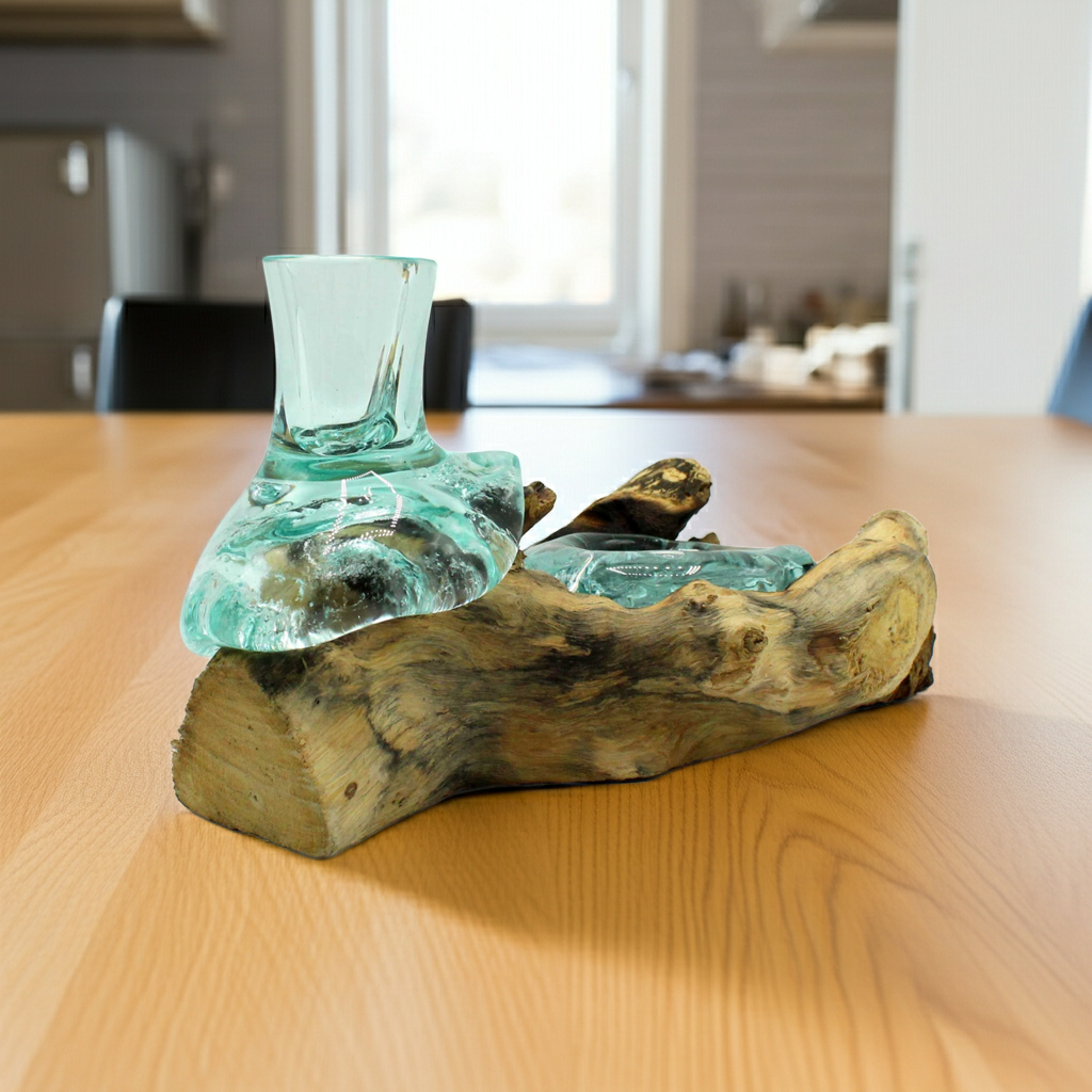 Molten Glass Small Flower Vase and Tealight Holder on Wood