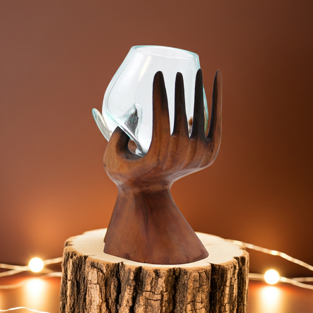 Carved Hand with Molten Glass Bowl